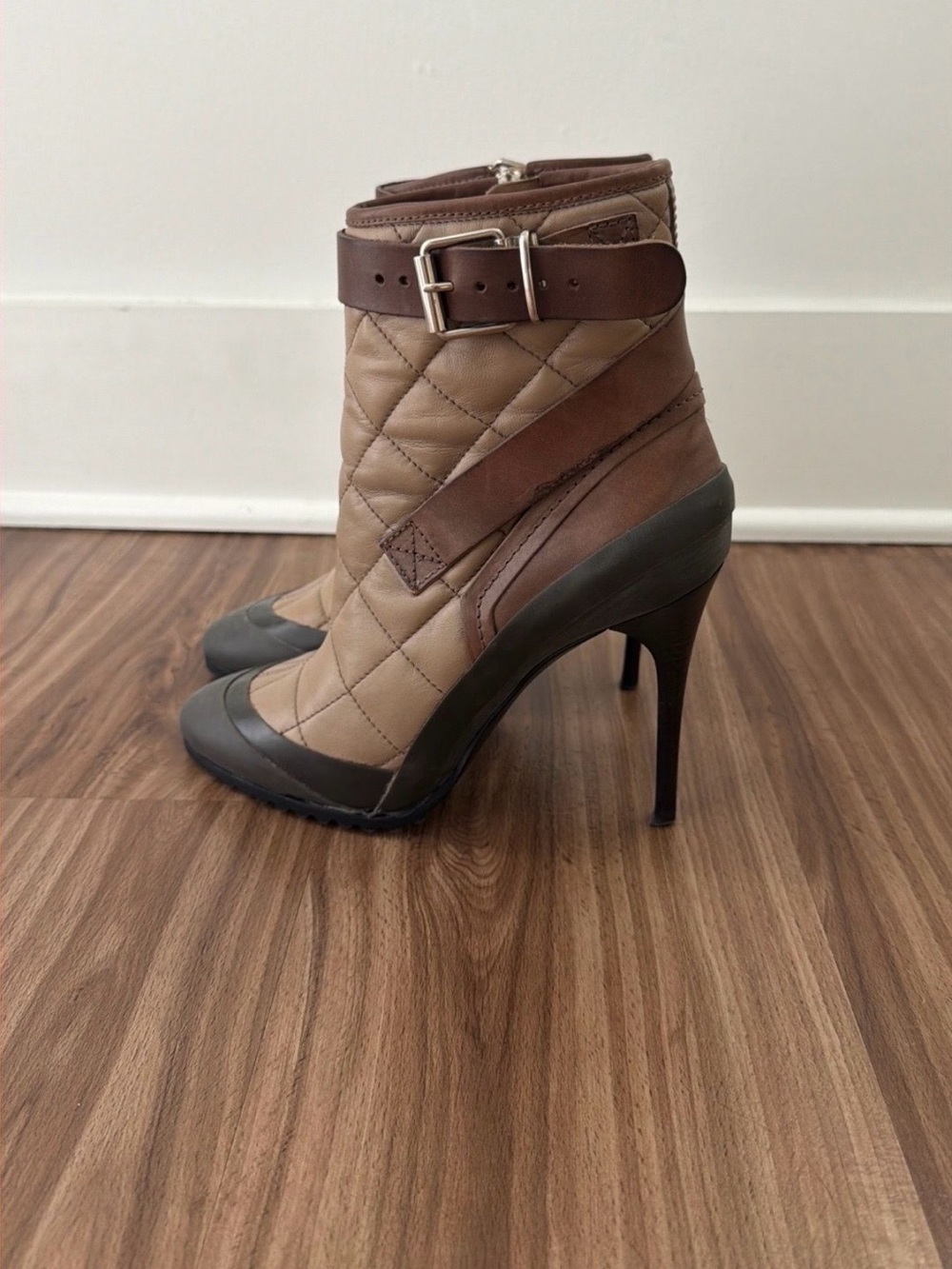 Burberry Quilted Tan and Dark Brown Stiletto Ankle Boots